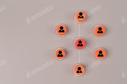 Preview: Wooden blocks with people icons. Organisation structure, management and social network concept.