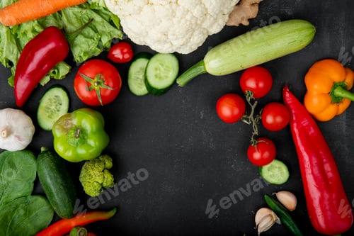 Preview: top view of vegetables as pepper, tomato, zucchini, broccoli, spinach and others on black background