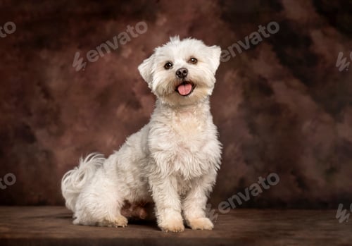 Preview: White Maltese mix puppy sitting, looking at camera