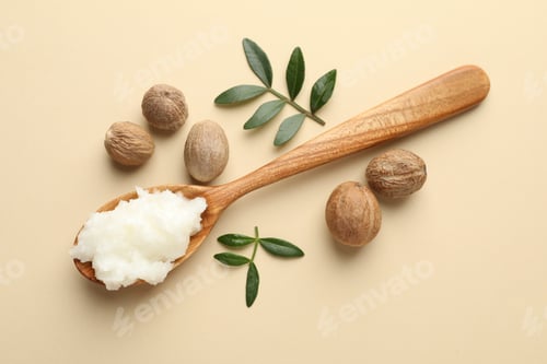 Preview: She butter, nuts and leaves on beige background, flat lay