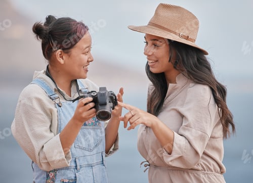 Preview: Photography, happy and friends with a camera for holiday in nature of Mexico together. Smile, trave