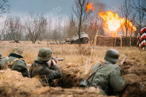 Preview: Re-enactors Armed Rifles And Dressed As World War Ii German Wehrmacht Infantry Soldiers Fighting