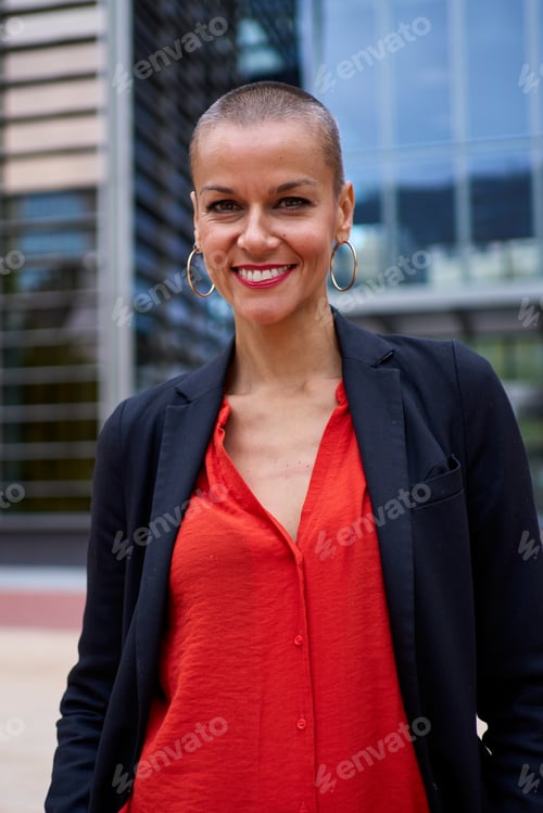 Preview: Portrait of strong and empowered woman smiling with short hair looking happy at camera outdoor.