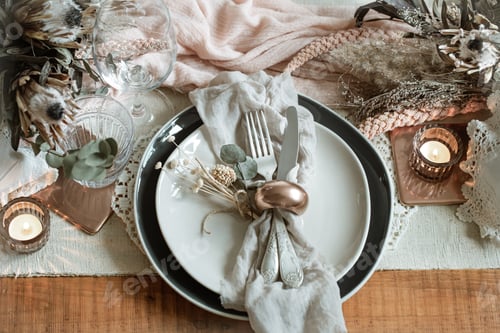 Preview: Festive table setting in vintage style with dry wildflowers and candles.