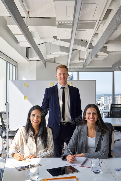 Preview: Happy diverse team business people at office meeting. Vertical portrait