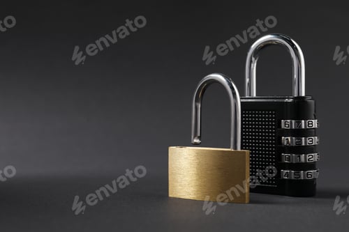 Preview: Different padlocks on black background, closeup. Space for text