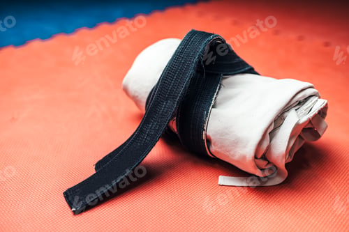 Preview: Martial arts, white kimono and black belt closeup