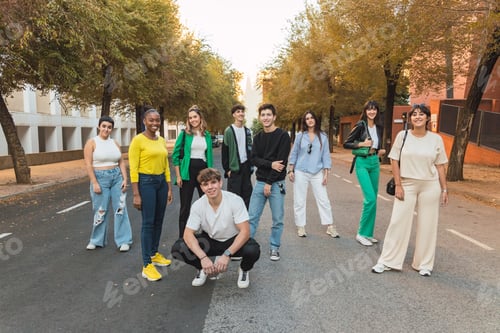 Preview: Group of diverse friends standing on road in daylight near buildings