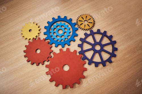 Preview: Mechanism, brainstorming and connection with cog gear on table for teamwork, solidarity and develop