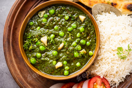 Preview: palak matar curry also known as spinach geen peas masala sabzi or sabji, indian food