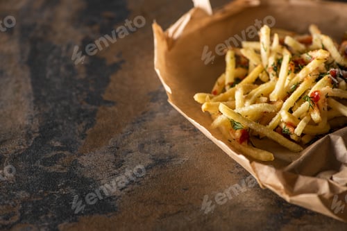 Preview: Tasty French Fries With Ketchup on Baking Paper And Marble Surface