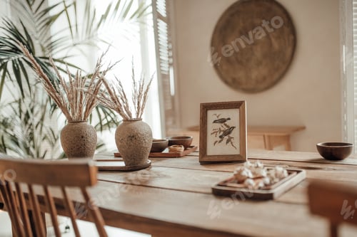 Preview: Luxury interior eco style living room elements of traditional balinese design at natural lighting