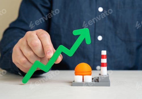 Preview: Green arrow up and energy plant. Growth of chemical or energy sector of the economy.