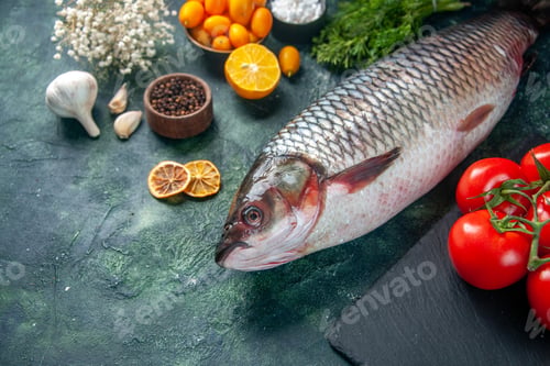 Preview: front view fresh raw fish with tomatoes and greens on dark background food health water fish color