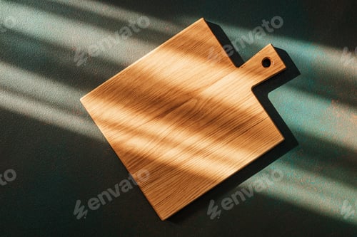 Preview: Wooden cutting board on a dark surface, lit by natural light