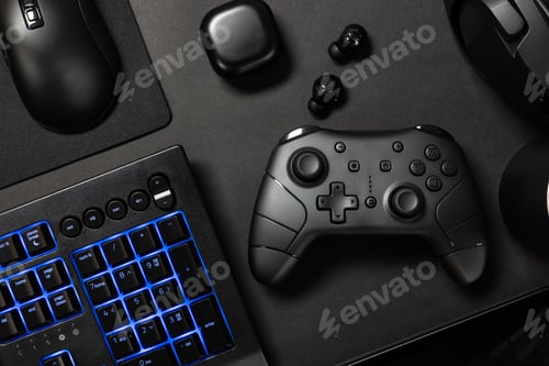 Preview: Top view of various modern gaming devices with blue lit keyboard