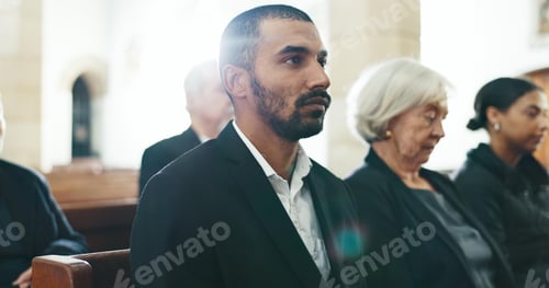 Preview: Sad, man and face closeup with depression at a funeral in church for religious service and mourning