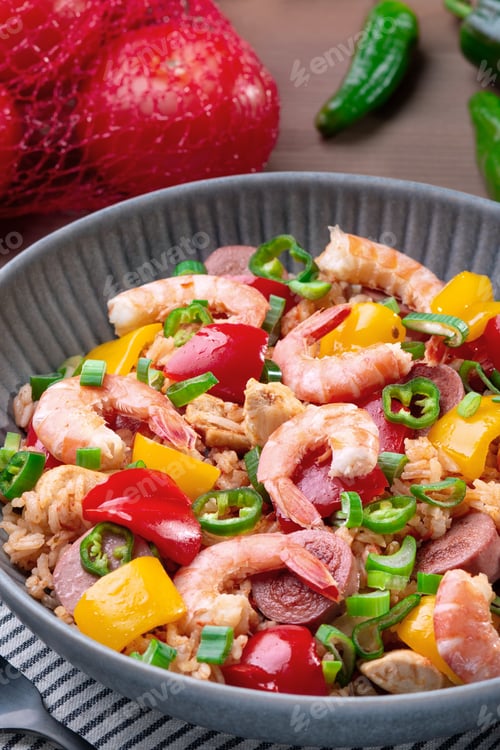 Preview: Jambalaya rice with chicken, shrimp, sausage and vegetables