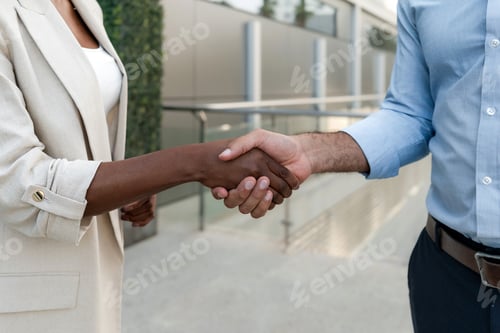 Preview: Close up of Two diverse business people shaking hands after reaching an agreement outside office