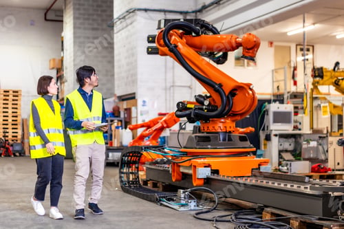 Preview: Engineers walking into the factory of robotic arms production