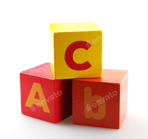 Preview: Red and yellow alphabet wooden blocks isolated on the white background