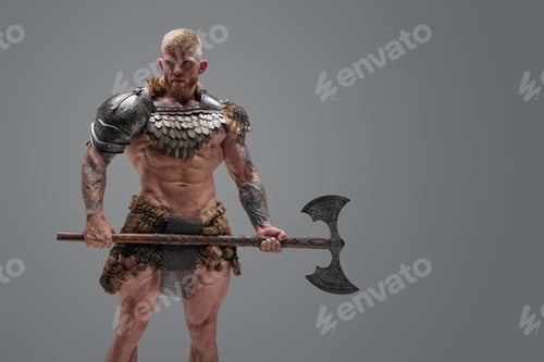 Preview: Fierce scandinavian soldier with naked torso and huge axe
