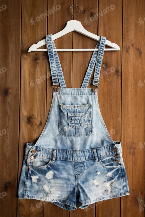Preview: denim or jeans overalls with hanger on wood