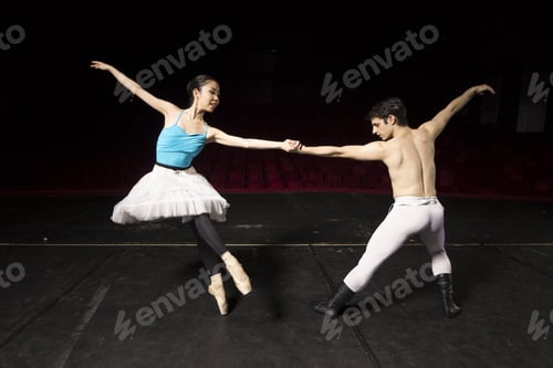 Preview: Ballet Dance Couple, Practising. On Stage In Theater.