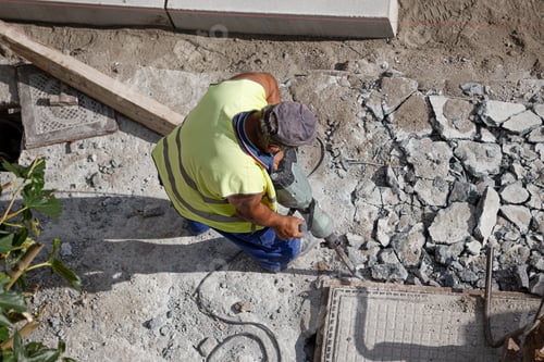 Preview: Construction worker with jackhammer drilling concrete on sidewalk