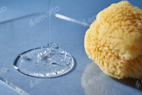 Preview: A natural sponge and a drop of gel or shampoo on a blue background.