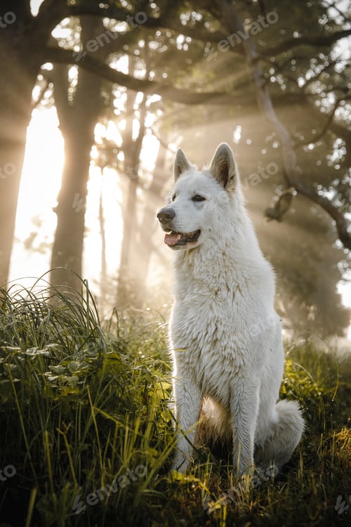 Preview: Beautiful vertical shot of a white dog sitting in a park on a sunny day