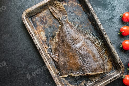 Preview: Flounder Raw Fish Seafood Cooking Snack Second Course Healthy Ingredient Meal Copy Space Rustic