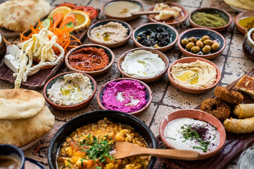 Preview: Turkish Village breakfast table served in a restaurant. Top view