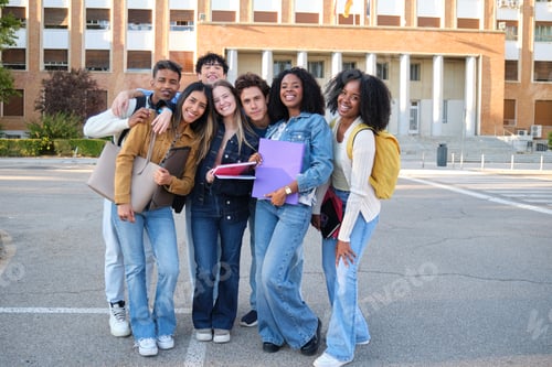 Preview: Diverse group of smiling university students standing on campus