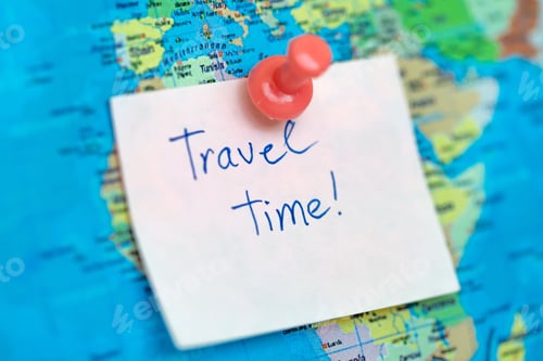 Preview: Travel time sticky note pinned to the world map