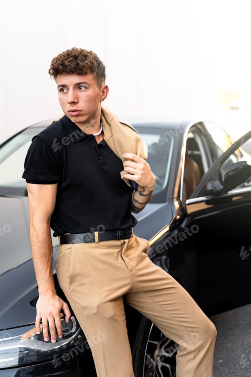 Preview: Young business man waiting sitting on the hood of the car