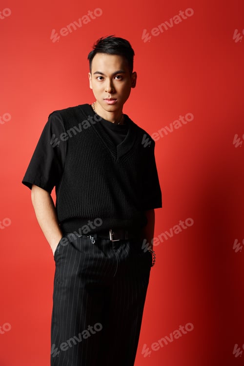 Preview: Elegant man embracing passion against red