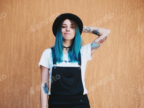 Preview: Portrait of Young hipster girl with blue hair