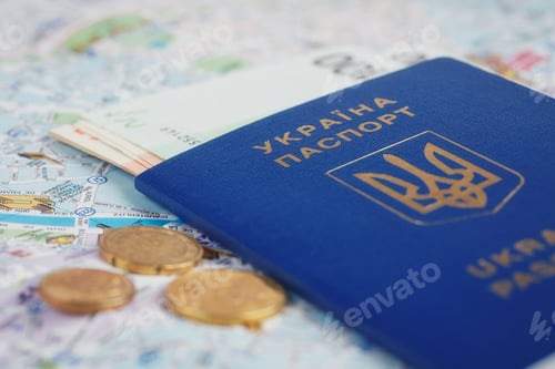 Preview: Ukrainian passport and money on map