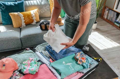 Preview: Unrecognizable woman packing suitcase for summer travel at home