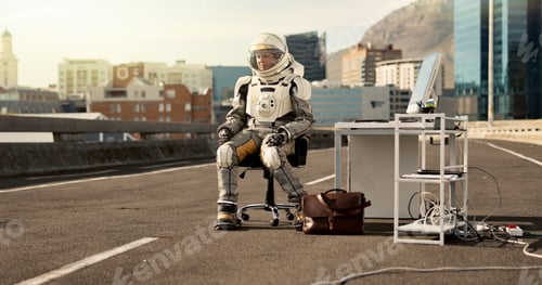 Preview: Earth, scifi and astronaut in spacesuit, cyberpunk and city with buildings, laptop and dystopia. Ur