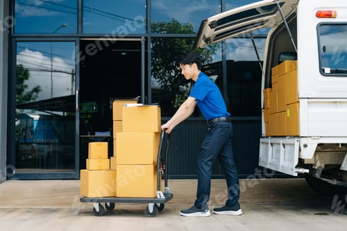 Preview: Portrait of courier delivery man searching the address on digital tablet. Delivery service,