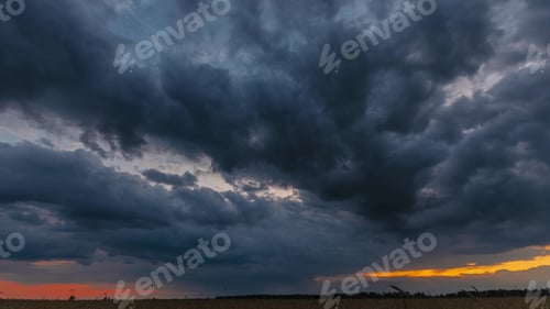 Preview: Set. Summer Rainy Sunset Evening Above Countryside Rural Wheat Field Landscape. Scenic Dramatic Sky