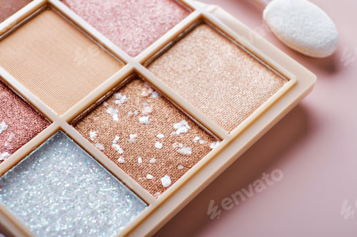 Preview: Eyeshadow colorful shades palette in beige tones close-up. Beauty abstract background