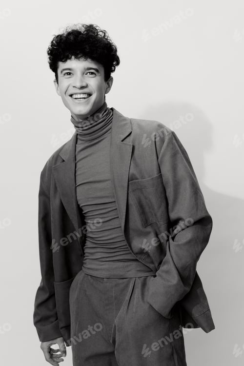 Preview: White man suit and black style pose fashion
