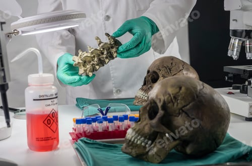 Preview: Forensic scientist examines human skull to extract DNA, forensic laboratory, conceptual image