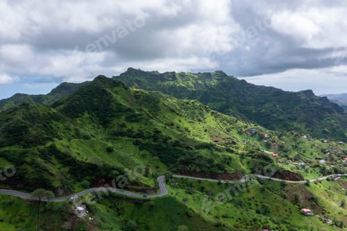 Preview: Mountainous green Santiago Island landscape in rain season in Cape Verde
