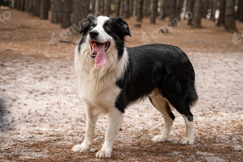 Preview: Black and white Australian shepherd standing on a sandy forest path
