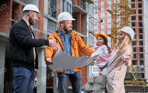Preview: Family discussing building plan with architect at construction site.