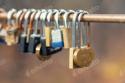 Preview: Heart shape love locks on bridge. Padlocks as symbol love and affection